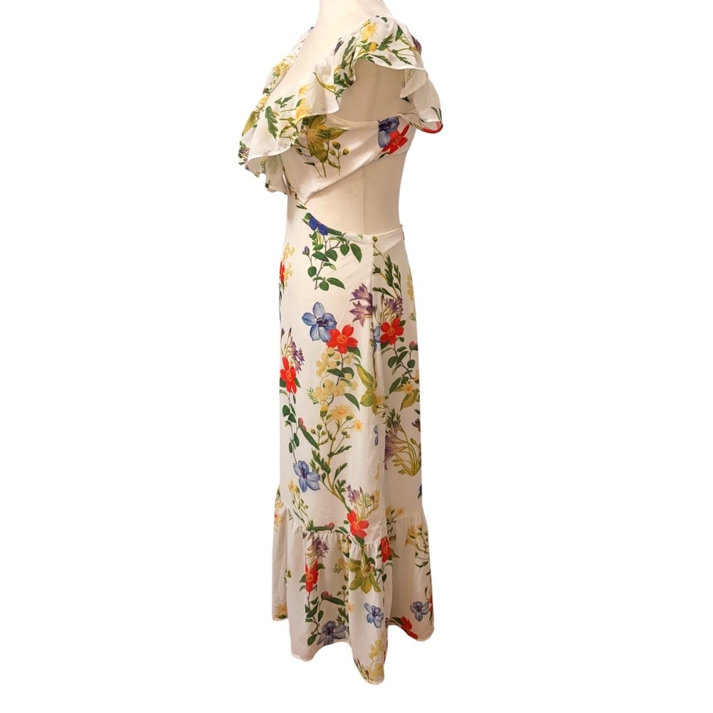 Dynamite Floral Cut-Out Maxi Dress Size XS White Botanical Ruffle Summer Boho - Picture 6 of 10